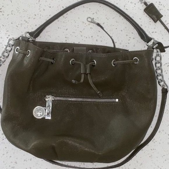 Michael Kors Knox Drawstring Loden Leather Bucket Bag w silver hardware EUC - Picture 5 of 16